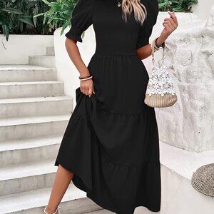 Crew Neck Smocked Maxi Dress — Black | Medium